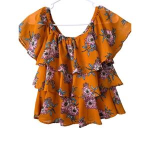 Japna‎ Off Shoulder Tiered Ruffle Floral Blouse Orange Pink Blue Size S